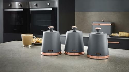 Tower Cavaletto Grey Bread Bin and Tea, Coffee & Sugar Canisters. Contemporary Kitchen Storage Set in Grey with Rose Gold Accents - Image 4