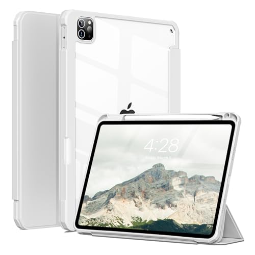 Zktuyu Clear Case for iPad Pro 12.9 inch 6th/5th/4th/3rd Gen 2022/2021/2020/2018 with Pencil Holder Lightweight Shockproof Trifold Stand Transparent Acrylic Back Cover Auto Wake/Sleep Gray