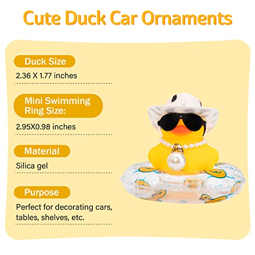 Image of wonuu Car Rubber Duck, Yellow Duck Decoration Dashboard with Sun Hat Swim Ring Necklace Sunglasses for Car Dashboard Decorations, Black White Cowboy Hat-Transparent-Big Pearl