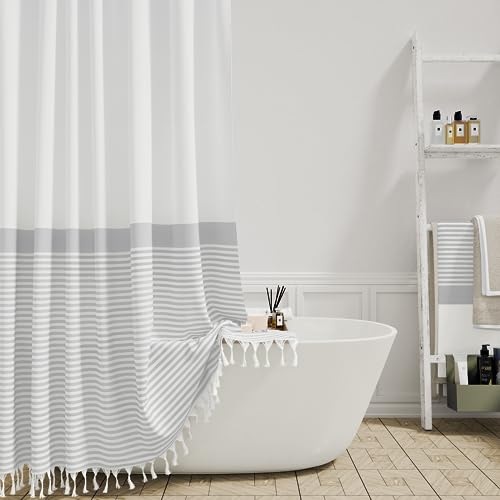 Dynamene Extra Long Shower Curtains, 84 Inches Long Farmhouse Boho Striped Fabric Tassel Shower Curtains for Bathroom, Tall Bohemian Linen Textured Cloth Shower Curtain Set with Hooks, Grey, 72x84 by Dynamene - Used condition - US$15.68