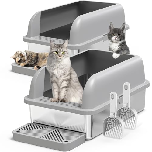 2 Pack XL Stainless Steel Cat Litter Box with Lid