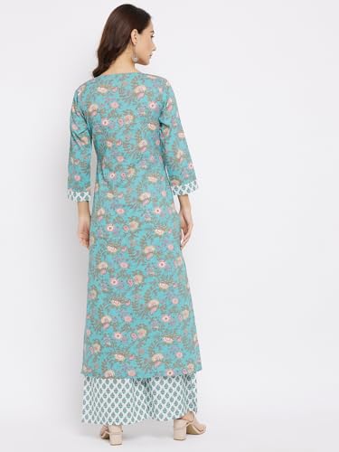 Image of Tissu Women's Cotton Sea Green & Pink Floral Printed Kurta with Palazzo