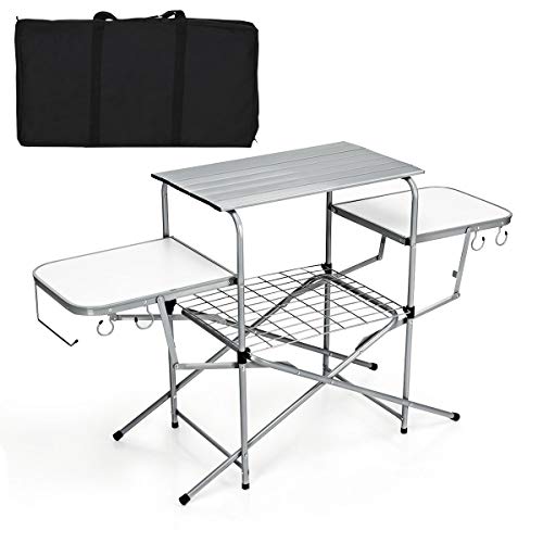 Gymax Aluminum Folding Camping Table, Outdoor Grill Table With Side Table, Hooks & Carry Bag, Heavy Duty Picnic Table For Outdoor Backyard, Beach Rving Barbecue (Silver) #TOP2