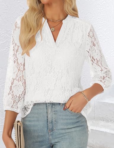 AIMCOO Lace Tops for Women 3/4 Sleeve Dressy Casual Blouses 2025 Boho Floral Top Office Work Shirts3