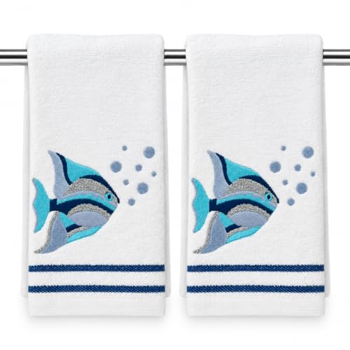 Coastal Guest Blue Fingertip Hand Bathroom Towels Fish with Bubbles, 12x18"