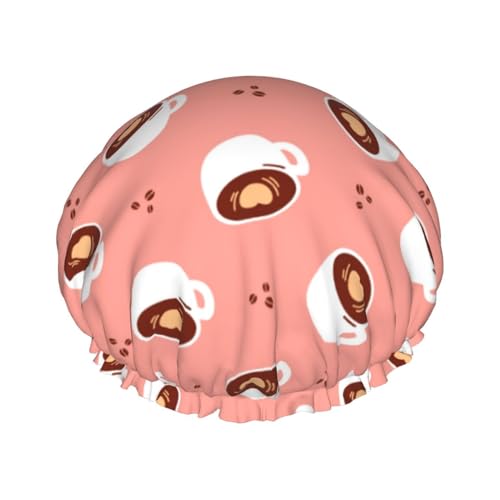 Gorro de ducha para el pelo, taza blanca, estampado de café, rosa, gorro de ducha de doble capa, reutilizable, impermeable, gorro de ducha grande para mujer, gorro de ducha para ducha con forro de