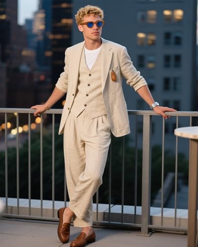 Linen Mens Suit 3 Piece Slim Fit Lightweight Linen Suits Sets Blazer Jackets Vest Pants Summer Casual Travel Tuxedo for Men4