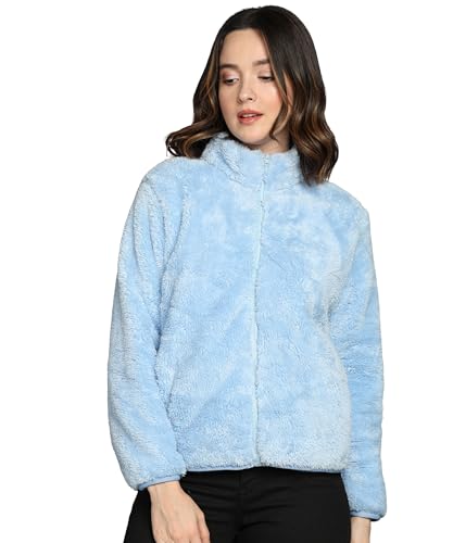 Image of Alan Jones Clothing Women's Fluffy Yarn Fleece Full-Zip Jacket | Soft Lightweight Warm Outerwear with Stand Collar & Piping at Hem & Cuffs