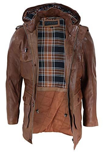 Mens 3/4 Long Real Leather Duffle Jacket Coat Safari Detachable Hood Military3