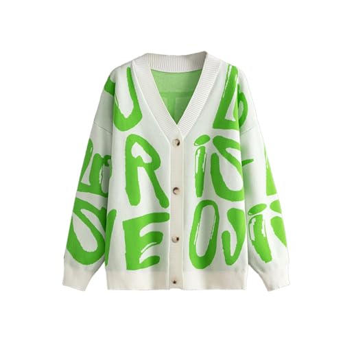 Image of Women's Knit Long Sleeve Open Front Cardigan V-Neck Button Down Letter Pattern Sweater Coat Outwear