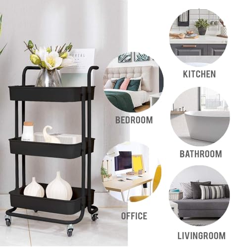 Image of KRISHYAM 3-Tier Mesh Utility Cart with Lockable Wheels, Rolling Metal Storage Organizer, Carbon Steel Kitchen Trolley for Fruits, Vegetables, Bathroom & Home (3-Layer Square with Handle)