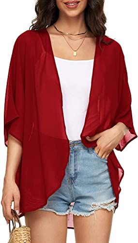 Image of Indian Trendy Women's Solid Puff Sleeve Kimono Cardigan Loose Cover Up Casual Blouse Top Chiffon