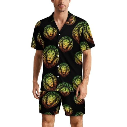 Rasta Lion Head Mens Pajama Set Short Sleeve Button Down Shirt And Shorts Soft Summer PJs