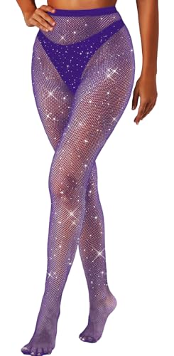 MESU Women Sparkly Rhinestone Fishnets Stockings High Waist Pantyhose Tights Deep Purple