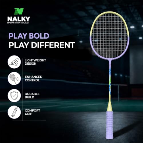 Image of Wide Body Aluminium Badminton Racket Set of 2 for Men & Women | Racquets with High Tension Strings | Indoor & Outdoor Racket with Carry Bag (Purple & Yellow)