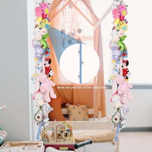 Image of 2PCS Stuffed Animals Storage Chain Organizers 80 inch Cotton Hanging Storage Chain with 2Pcs Led Light 40 Metal Clips Stuffed Animal Display Holder Chain for Nursery Play Room (Blue)
