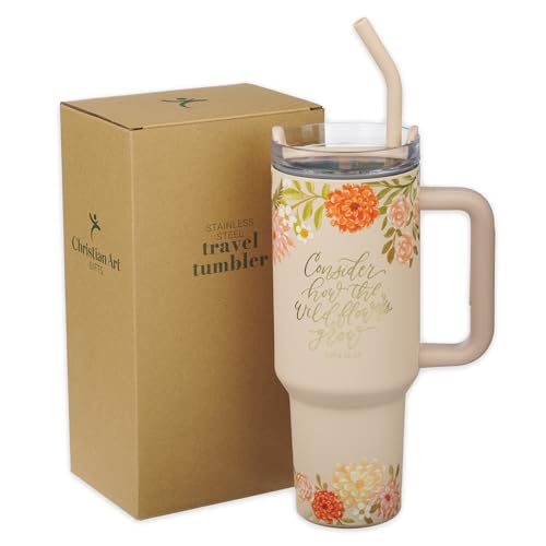 Image of Christian Art Gifts Extra Large Stainless Steel Double-Wall Insulated Inspirational Scripture Travel Mug Tumbler for Women: Wildflowers Grow Verse, Reusable Straw, Twist Lid, Peach Pink Floral, 40 oz.