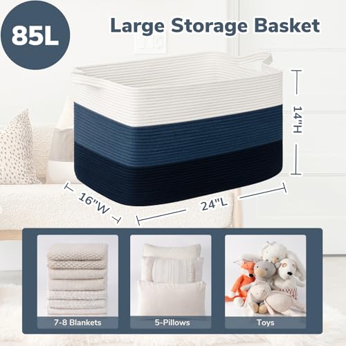 Image of Goodpick 85L Large Blanket Basket 23.6 inch x 15.7 inch x 13.8 inch Cotton Rope Storage Baskets for Organizing, Rectangle Woven Baskets for Storage, Baby Toy Basket for Nursery Bedroom, Blue