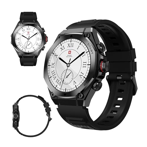 Image of Swiss Military DOM6 Smartwatch 1.43 inch AMOLED, Bluetooth Calling, Multi Language, Health & Sports Tracking, Wireless Charging, 7 Days Battery, IP67, iOS /Android Compatible, Black Frame with Black Strap