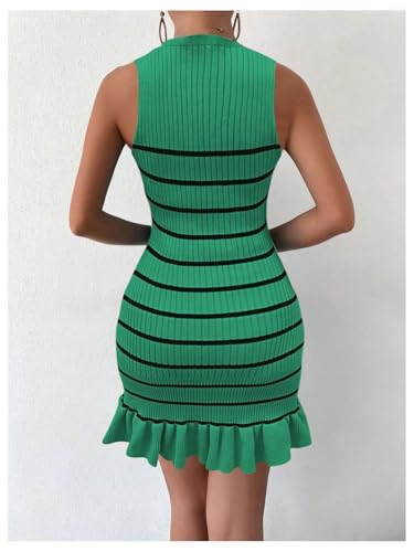 MakeMeChic Women's 2025 Summer Dress Casual Crochet Ribbed Knit Ruffle Hem Sleeveless Bodycon Tank Mini Dresses Striped Green M - Thumbnail 2