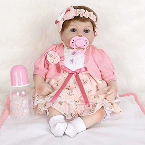 ENA Reborn Baby Doll Realistic Silicone Vinyl Baby Pink Hairband Girl 16 inch Weighted Soft Body Lifelike Doll Gift Set for Ages 3+(Pink Hairband)