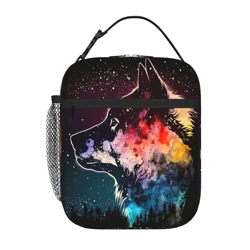 Skerhhux Wolf Galaxy Nebula Kids Lunch Bag Insulated Lightweight Lunchbox for Girls Boys Back to School Gift Cooler Meal Tote Reusable Portable Leakproof Lunch Pail