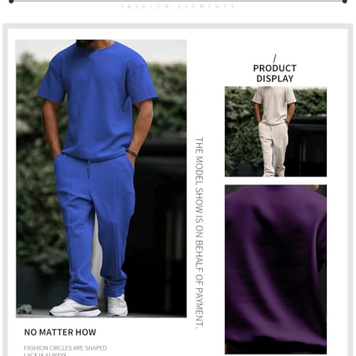 Mens Casual Solid Color Two Piece Suit, Waffle Round Neck Short Sleeve Top and Athletic Drawstring Jogging Pant with Pockets4
