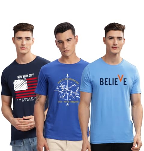 Image of ADRO 100% Cotton Lycra Tshirts for Men Combo Pack of 3 | Regular Fit | Printed T Shirt | Round Neck Half Sleeve| Mens Tshirts
