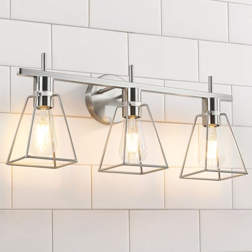Image of Industrial Bathroom Vanity Lights: 3-Lights Silver Brushed Nickel Vintage Metal Cage Wall Lamp - Rustic Farmhouse Light Fixture Over Mirrors Cabinet for Bath Hallway