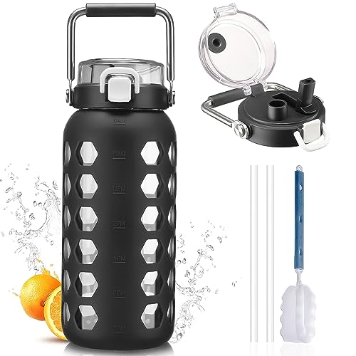 MUKOKO 64oz Glass Water Bottles with Straw and Lid,Half Gallon Water Bottle with Time Marker,Large Glass Water Jug with Silicone Sleeve and Stainless Steel Handle-Black