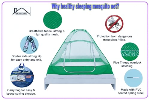 Image of Healthy Sleeping Mosquito Net | Double Bed | Supreme King Size Bed | Foldable Machardani with 2 Side Zipper Opening | Strong 30GSM Polyester Net | PVC Coated Steel Wire (Green)