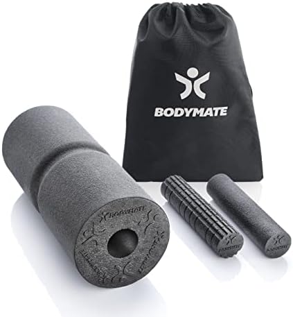 BODYMATE Care with CORE zestaw do masażu powięzi Care 35 x 14 cm, średnio twardy z rowkiem na całym obwodzie, dwóch małych rolek o gładkiej powierzchni z wypustkami 20 x 4,5 cm, czarny z e-bookiem