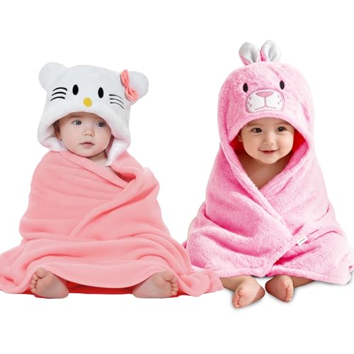 Image of OYO BABY Fleece Newborn Baby Blanket Combo - Hooded Baby Wrapper with Funny Cap, Bath Towel & Blanket (0-12 Months, 84x80 + 72x68), Pack of 2 - Pink Kitty & Rabbit
