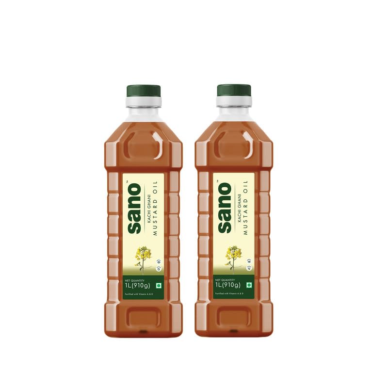 Image of Sano Pure & Fresh Kachi Ghani Mustard Oil - 1 Ltr X 2 Pack Pet Bottle | High Pungency | Rich in Omega-3 | 100% Natural and Pure | Authentic Indian Cooking Oil