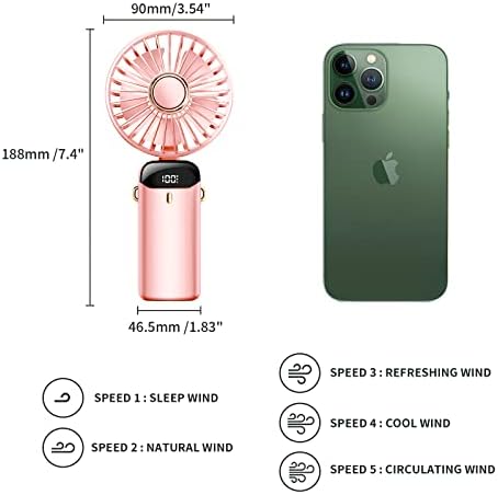 Portable Fan,Handheld Fan Personal Fan 5000mAh Rechargeable with 5 Speeds, Battery Operated Mini Fan with LED Display, 11-21Hs Desk Fan Working Time for Office Bedroom Outdoor Travel Camping-Pink