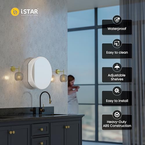 Image of iSTAR Round Wall Mirror with Storage Shelf | Bathroom Vanity Cabinet with Hidden Storage Cabinet | Wall Mounted, Bathroom, Bedroom, Living Room