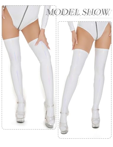 Image of FEOYA Women's Leather Stockings Opaque Oil Shiny Thigh High Hosiery Stocking Glossy Pantyhose Sockings for Party Club