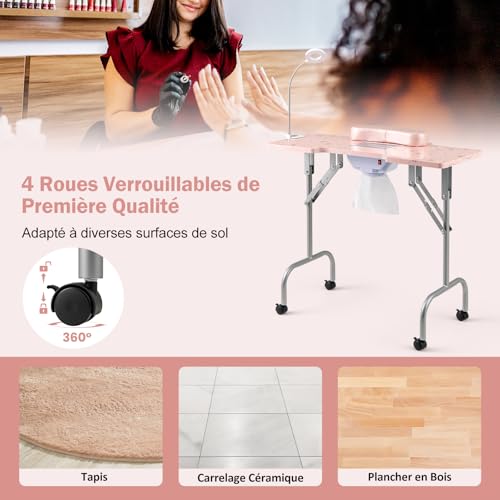Table manucure pliable aspirateur roulettes sac portable rose