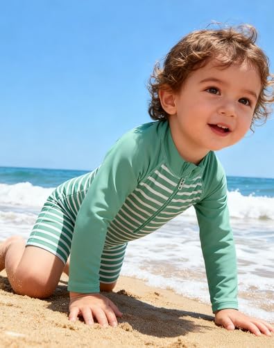 image for uideazone Baby Boy Swimsuit 6-12 Months Toddler White Green Stripe Ras