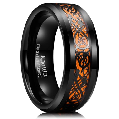 King Will Dragon 8mm Black Mens Celtic Dragon Tungsten Carbide Wedding Band Ring Orange Carbon Fiber Tungsten Ring for Men 9