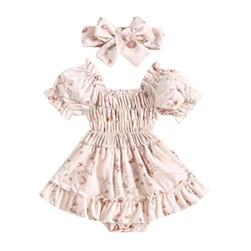 Image of YINGISFITM Infant Baby Girl Bubble Romper Ruffle Smocked Dress Cow Print Onesie Summer Dresses Cute Clothes and Headbands