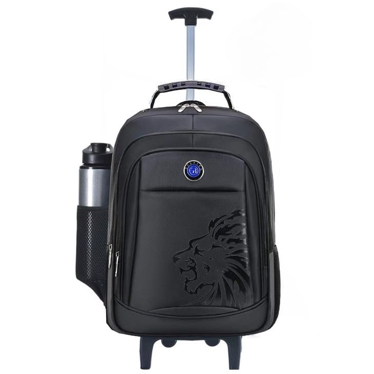 Mochila Escolar com Rodas, Design de Leão em Relevo, Preta, com Compartimento para Garrafa, Alça Telescópica