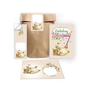 Lot de 12 cartons d’invitation pour 7e anniversaire d’enfant avec 12 enveloppes et 12 sachets Motif chat naturel