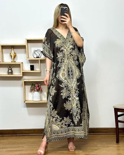 Image of NAIADES Women's Kaftan Dress - Bohemian Printed V-Neck Long Maxi Caftan with Loose Fit & Elegant Design (Kaftan-Kurti)