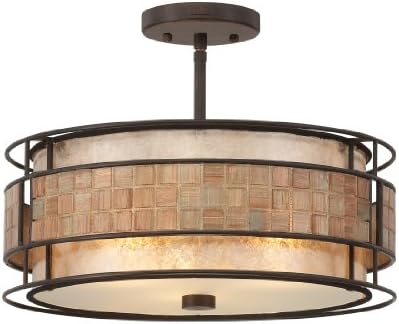 Quoizel Laguna 3-Light Renaissance Copper Semi-Flush Mount Light with Mosaic Tile Stripe, Taupe Mica Shade, Traditional Flush Mount Ceiling Light, Classic Ceiling Light Design