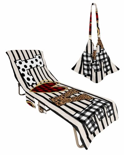 Love Valentine's Day Beach Lounge Chair Towel Cover, Soft Chaise Lounge Towel with Side Pockets Patio Pool Chairs Cover for Beach/Pool Sunbathing 29x85 Red Black White Plaid Rustic