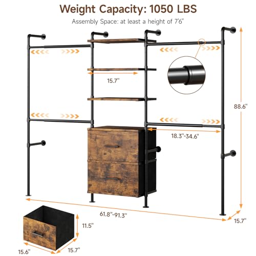 T3-Wall-Mounted-Industrial-Pipe-Closet-Organizers-Storage-System-Metal-Clothing-Rack-with-2-Drawers-6-Wooden-Shelves-4-Expandable-Rods-Heavy-Duty-Garment-Rack-Wardrobe-Rustic-Brown