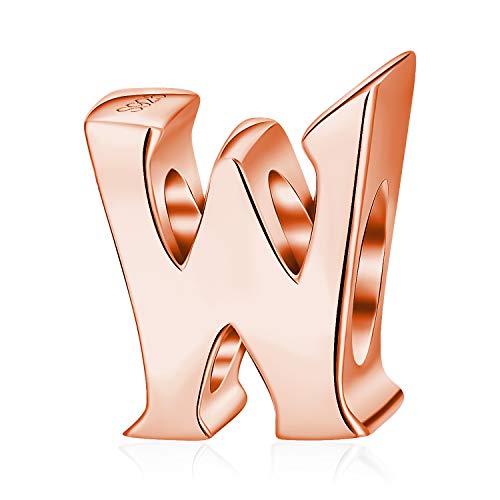 Abalorio de letra de oro rosa, plata de ley maciza, con inicial de la A a la Z Letra W