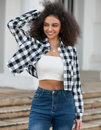 Image of SANGTREE Women and Girls Long Sleeve Flannel Casual Button Down Plaid Shirt
