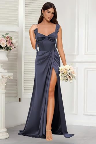 Dessiny Women's Spaghetti Strap Bridesmaid Dresses with Slit 2025 A-Line Satin Formal Evening Party Gowns DE3213